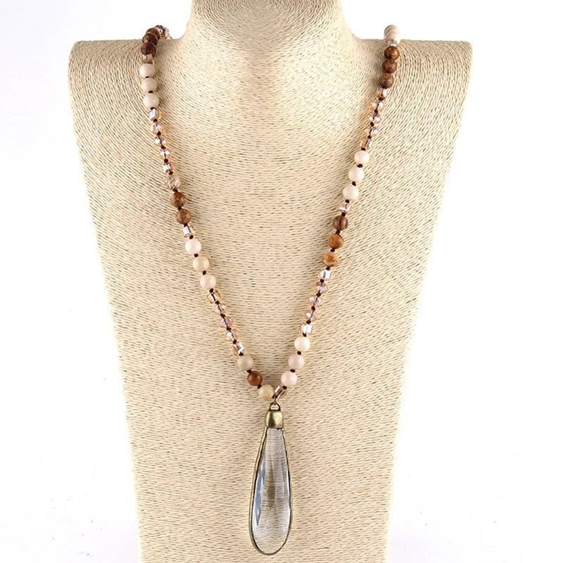Glass Knotted Necklace Glass Water Drop Pendant Sweater Chain