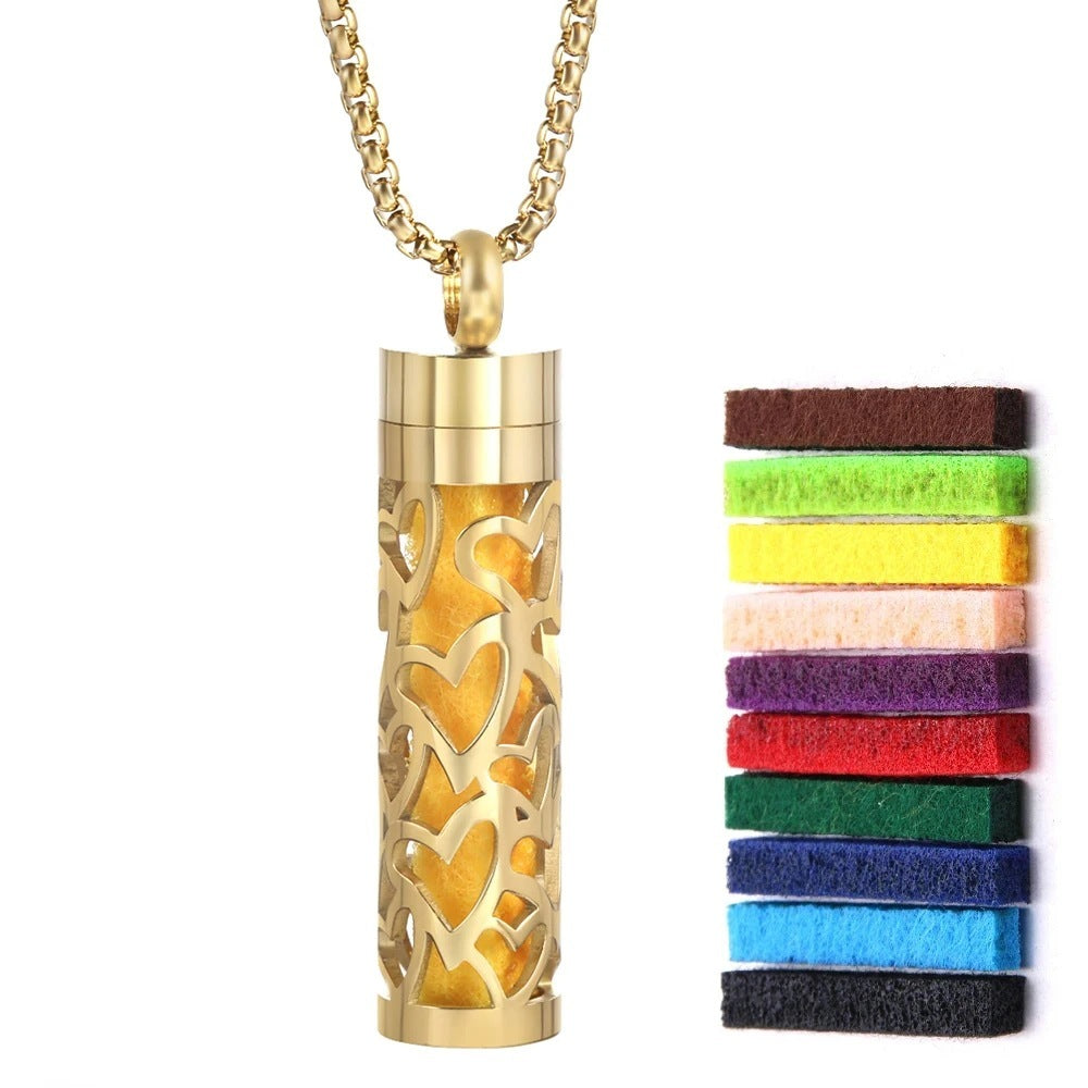 Gold Stainless Steel Cylindrical Hollow Pendant Aromatherapy Bottles