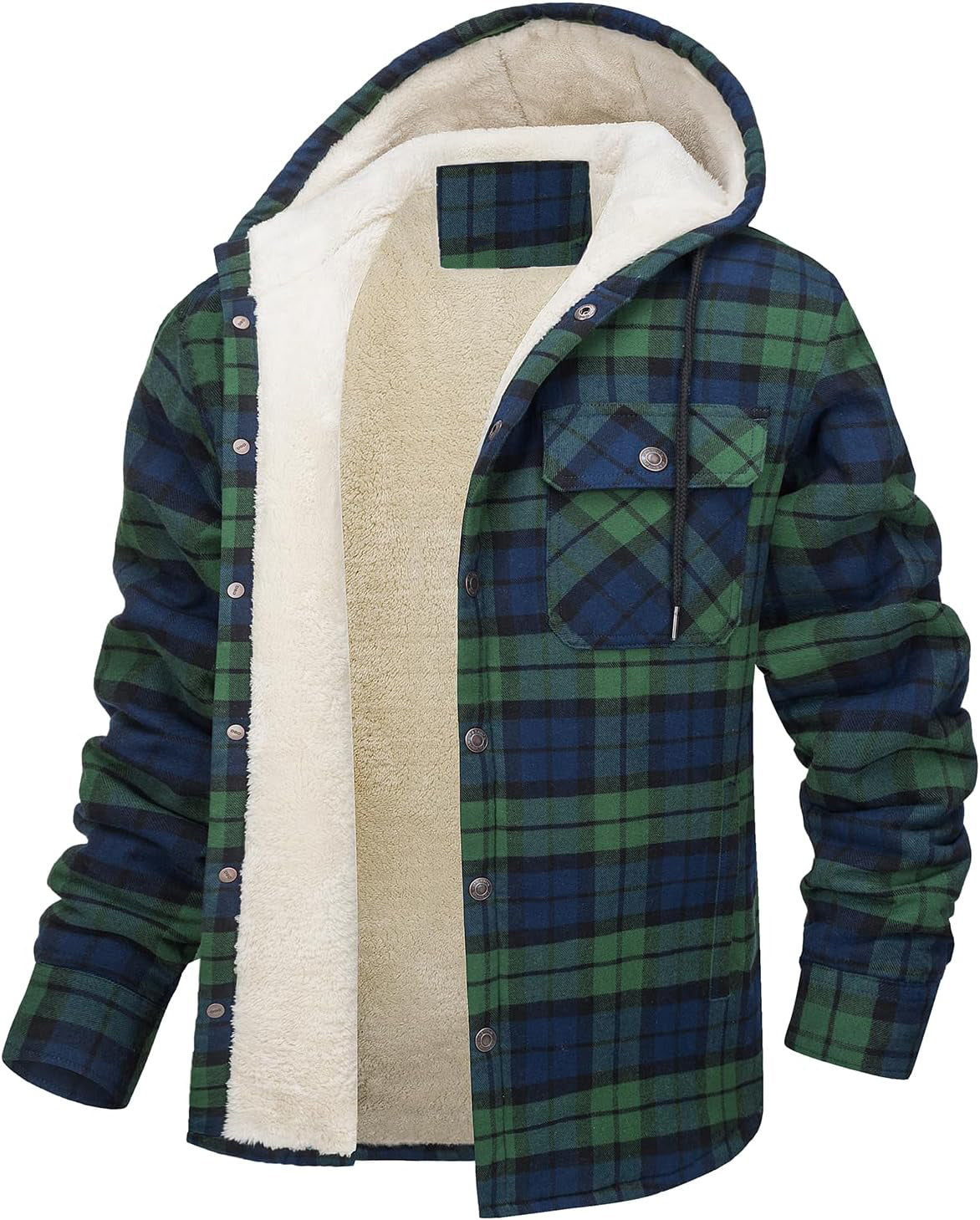 Men's Long Sleeve Hooded Fleece-lined Plaid Printed Coat
