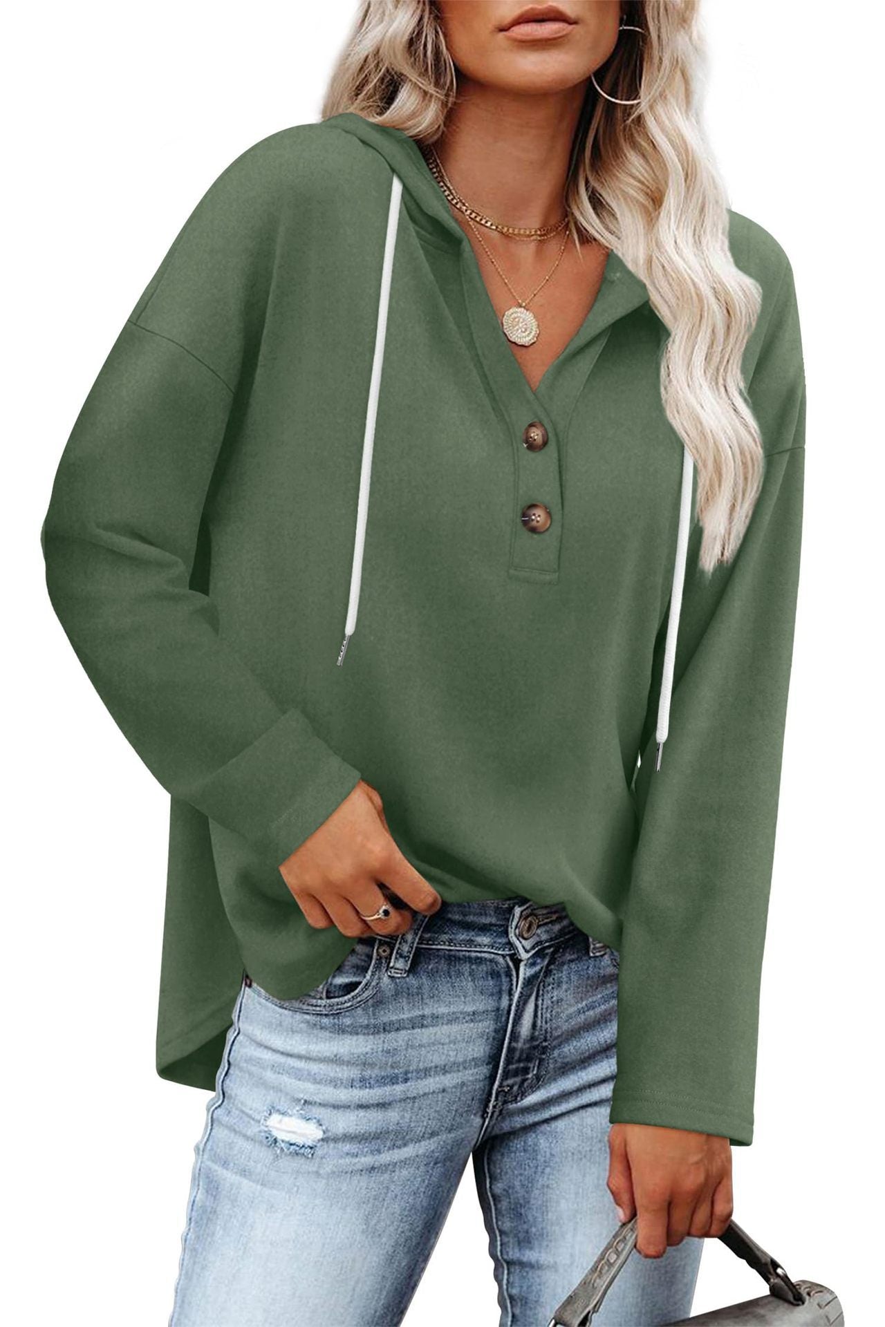 Women's Top V-neck Buttons Long-sleeved Sweater Shirt