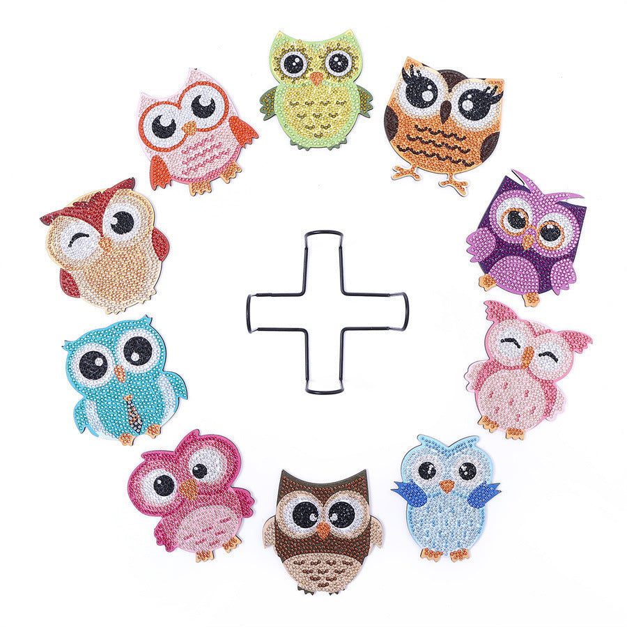 Diamond Painting Coaster Shape With Stand DIY Diamond Painted Art Craft Supplies Owl Pattern