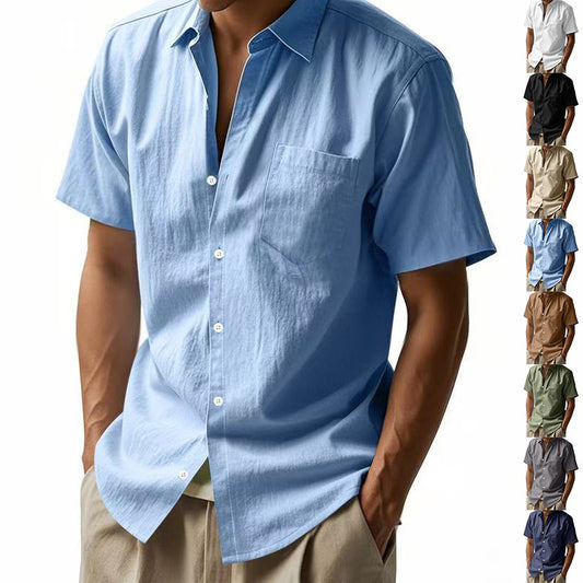 Solid Color Linen Shirt Short Sleeve Men