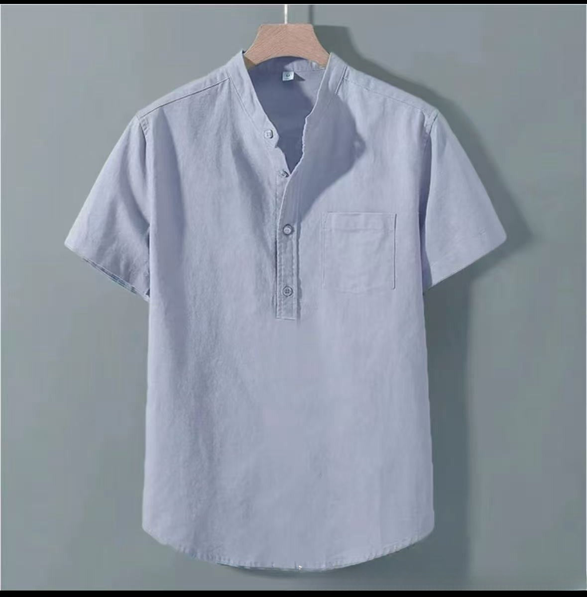 Casual Stand Collar Short Sleeve Solid Color Slub Linen Shirt Top