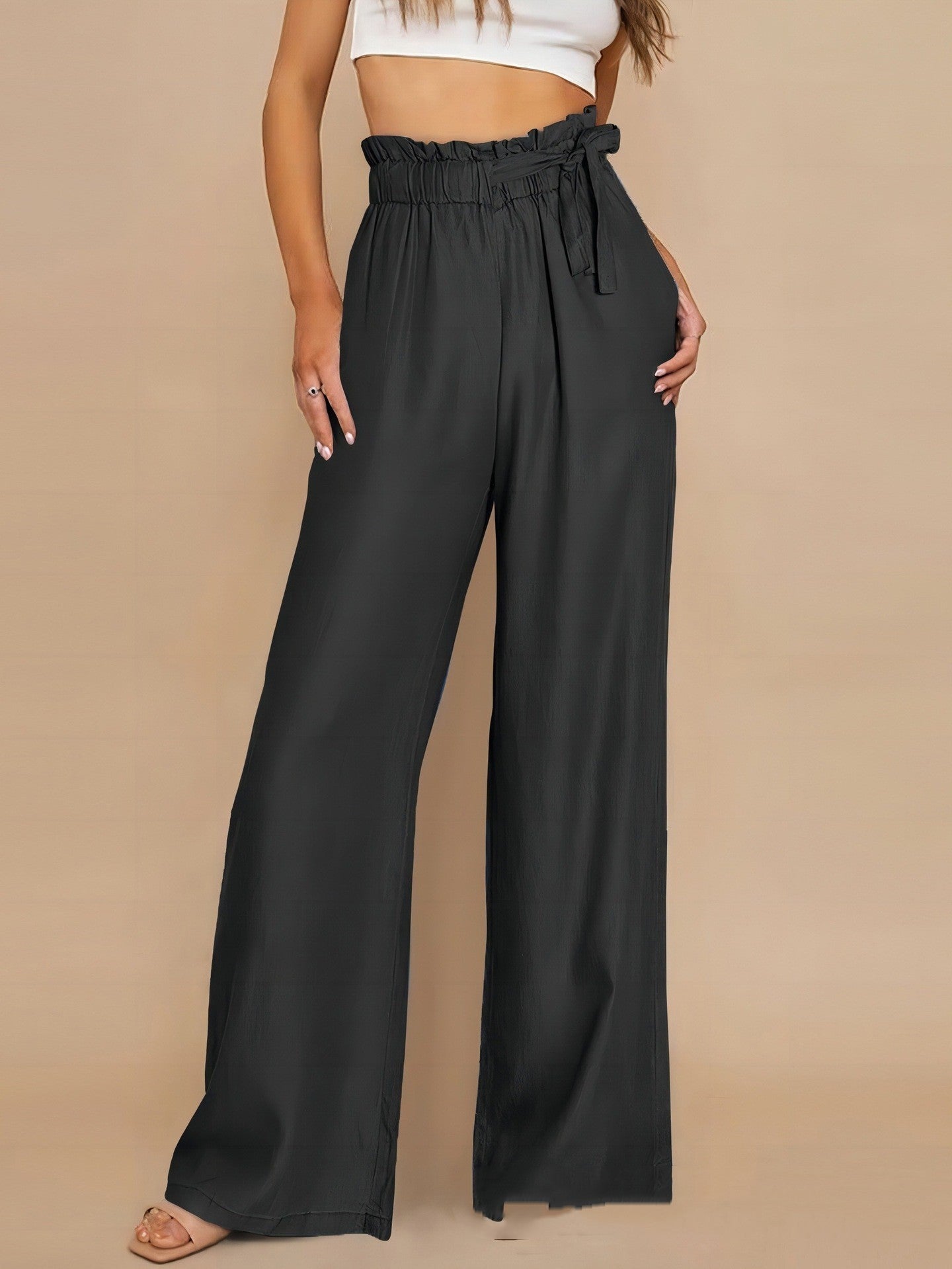 Plus Size Solid Color Loose Lace-up Wide Leg Trousers