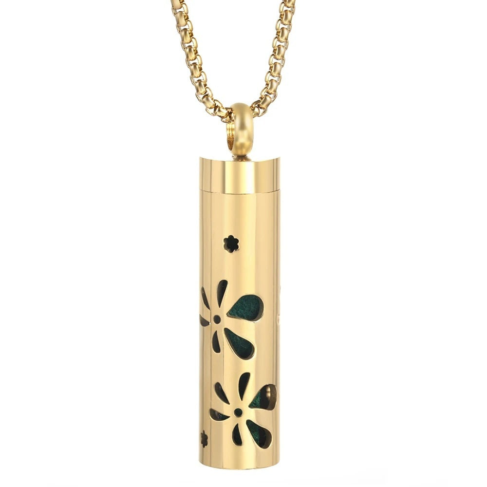 Gold Stainless Steel Cylindrical Hollow Pendant Aromatherapy Bottles