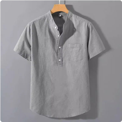 Casual Stand Collar Short Sleeve Solid Color Slub Linen Shirt Top