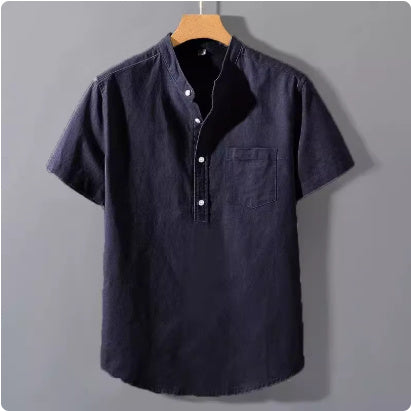 Casual Stand Collar Short Sleeve Solid Color Slub Linen Shirt Top