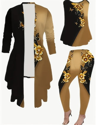 Women's 3 Suits, Printed Cardigan Jacket With Solid Color Casual Pants Vest Everyday Suit