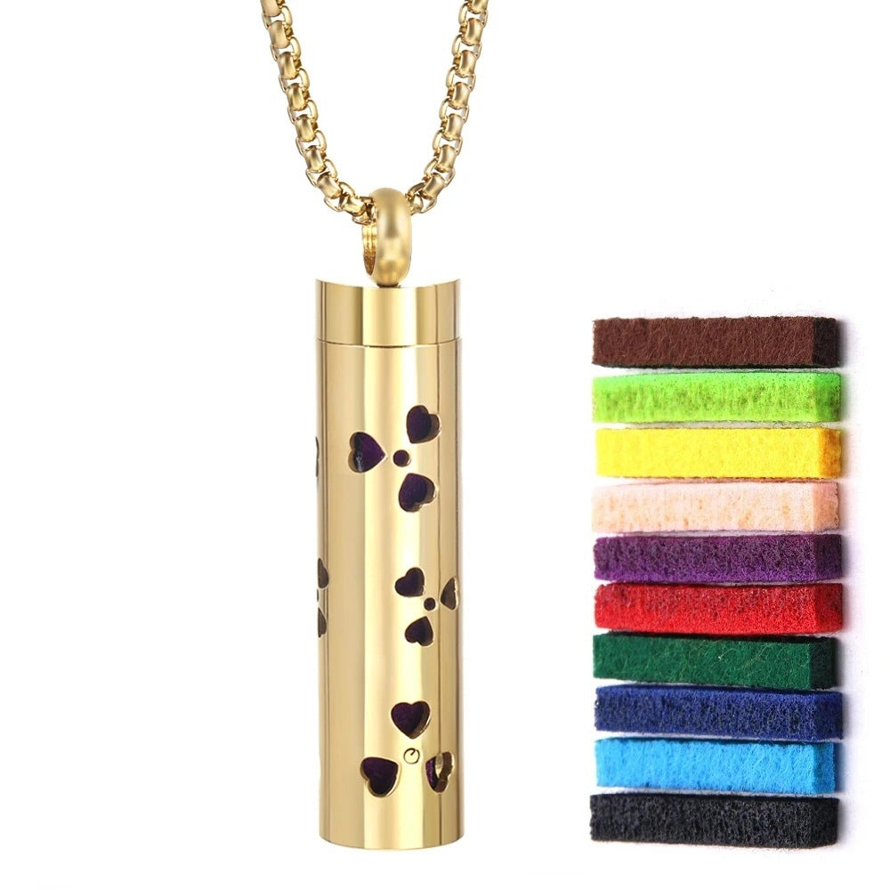 Gold Stainless Steel Cylindrical Hollow Pendant Aromatherapy Bottles