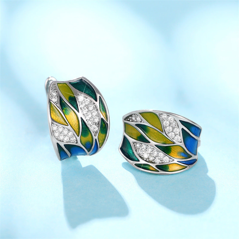 Pastoral Style Green Mori Style Enamel Zircon Earrings Elegant Ear Clip