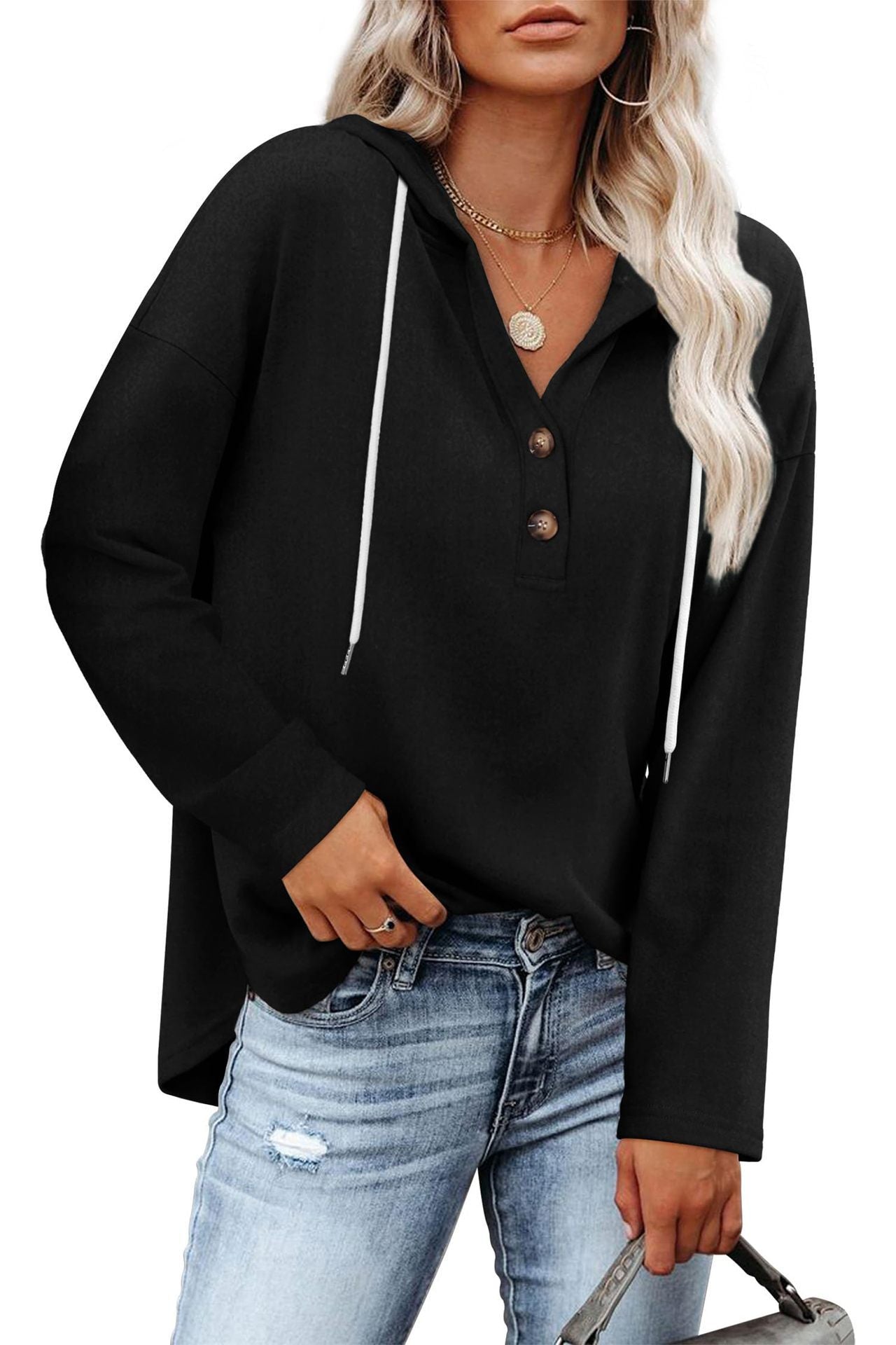 Women's Top V-neck Buttons Long-sleeved Sweater Shirt
