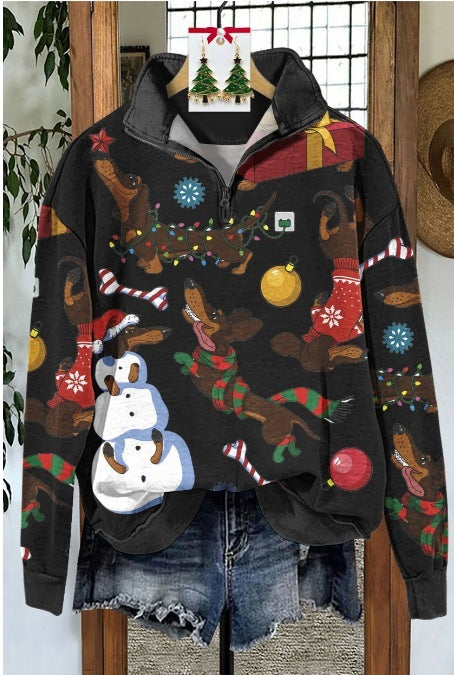 Autumn And Winter New Women's Retro Pattern Leisure Pullover Zipper Sweater