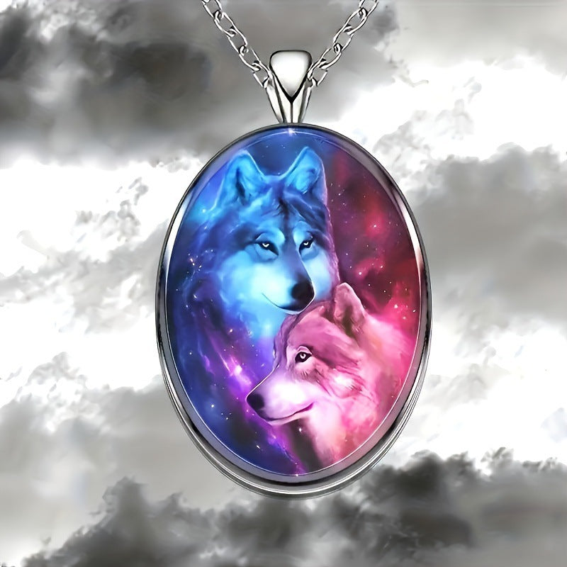 Creative Animal Wolf Head Oval Men's Alloy Glass Pendant Necklace