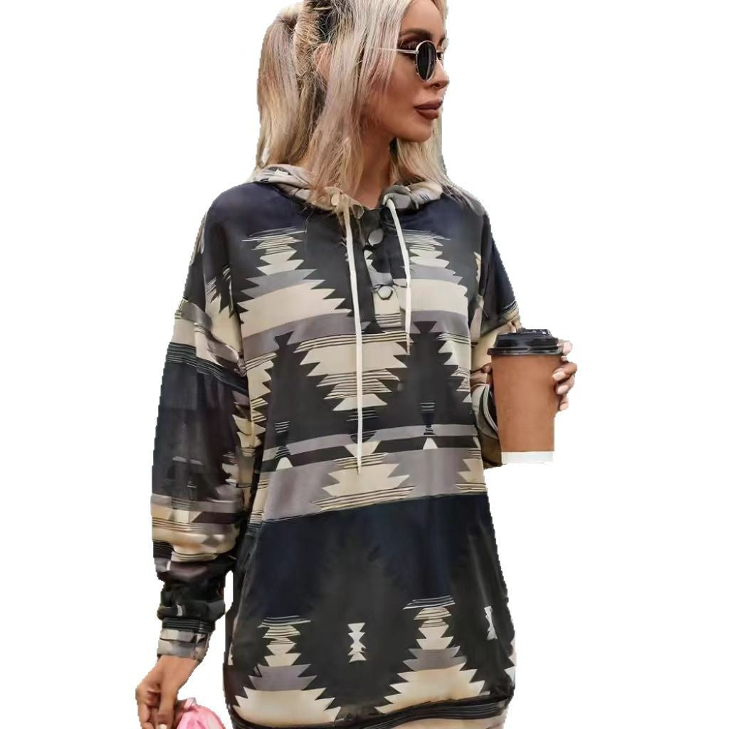 Geometric Pattern Long Sleeve Loose Hooded Button Pocket Sweatshirt