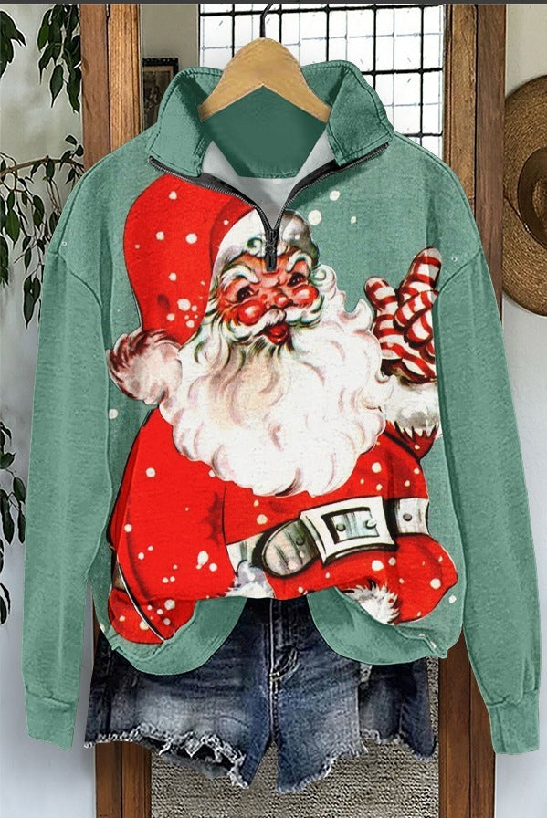 Autumn And Winter New Women's Retro Pattern Leisure Pullover Zipper Sweater