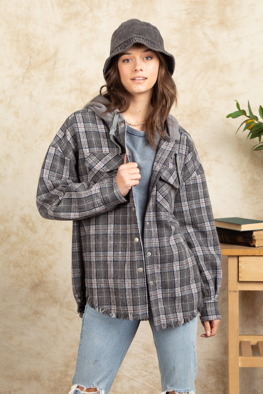 Fashion Hooded Large Pocket Plaid Shirt Coat