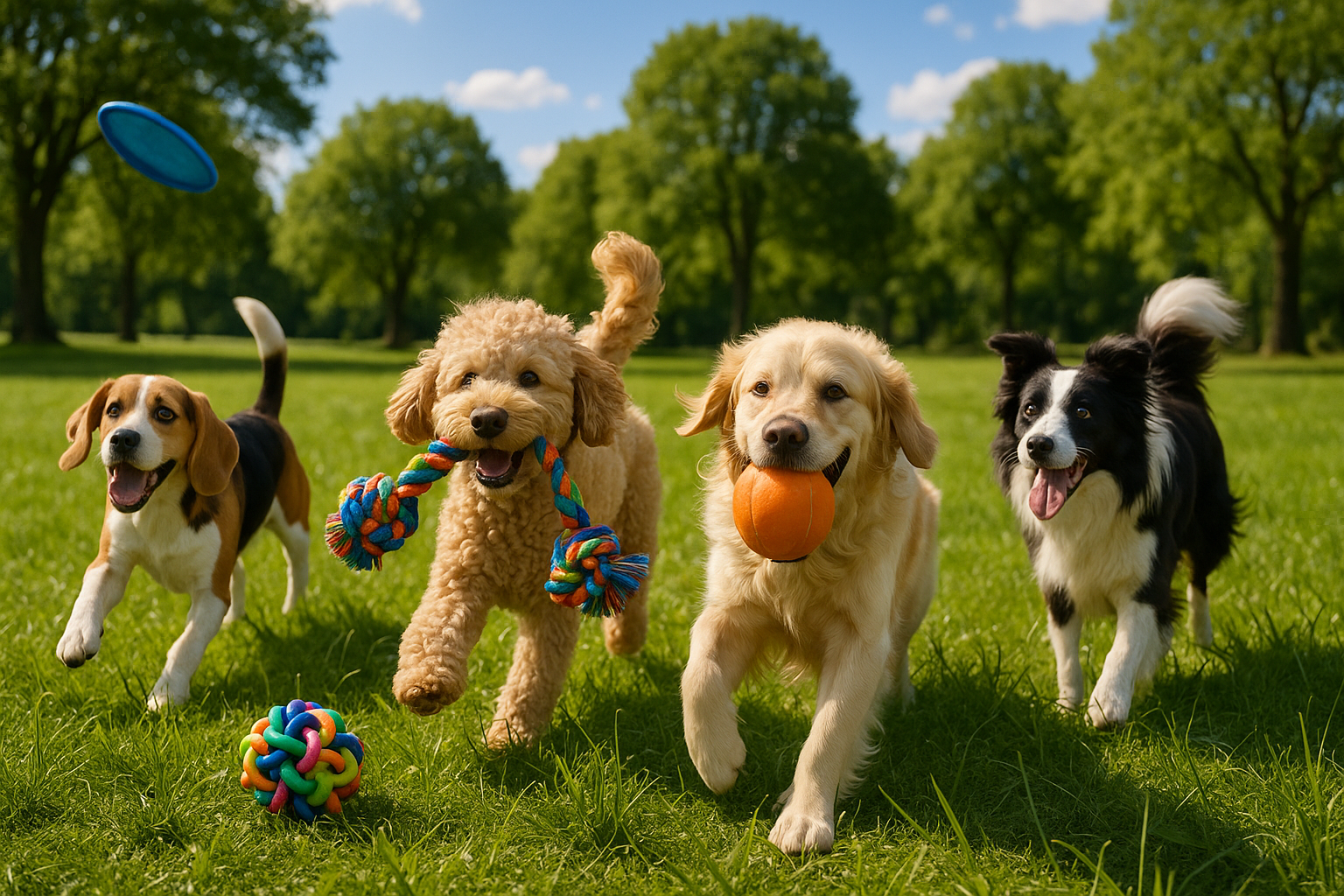 generate a picture of dogs playing with toys in an outdoor scene