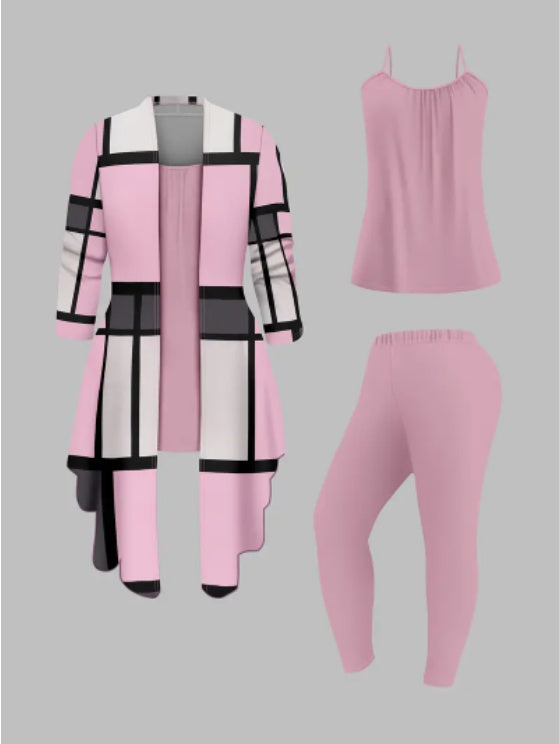 Women's 3 Suits, Printed Cardigan Jacket With Solid Color Casual Pants Vest Everyday Suit