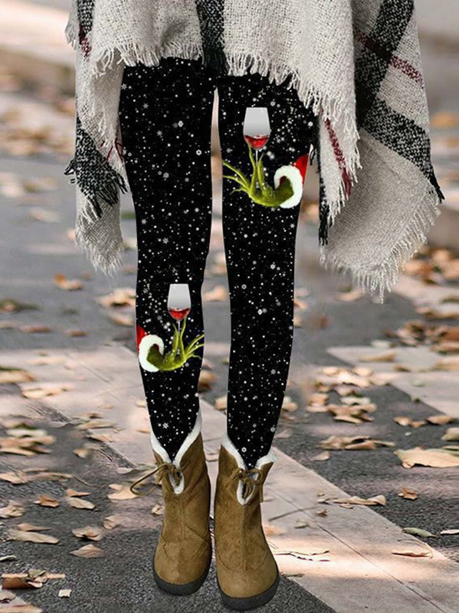Hat Wine Glass Christmas Tree Sequined Printed Leggings