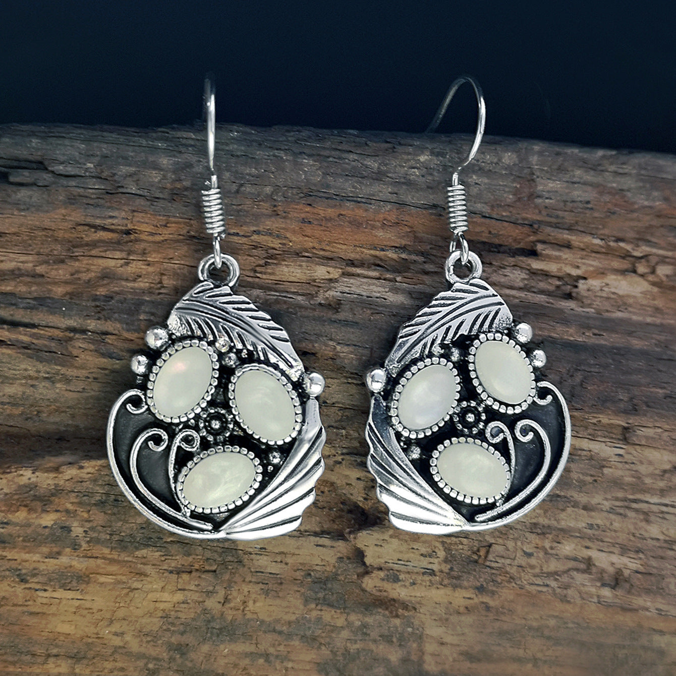 Opal Creative Leaf Feather And Shell Moonstone Earrings