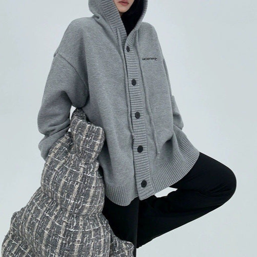 Plus Size Loose Hooded Drawstring Knitted Cardigan Sweater