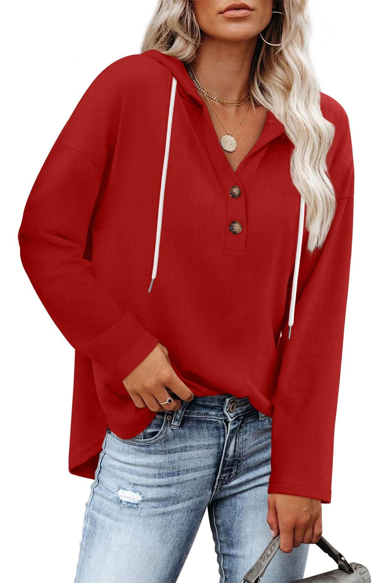 Women's Top V-neck Buttons Long-sleeved Sweater Shirt