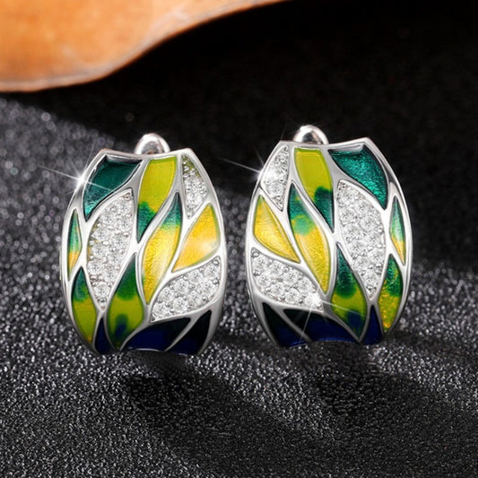 Pastoral Style Green Mori Style Enamel Zircon Earrings Elegant Ear Clip