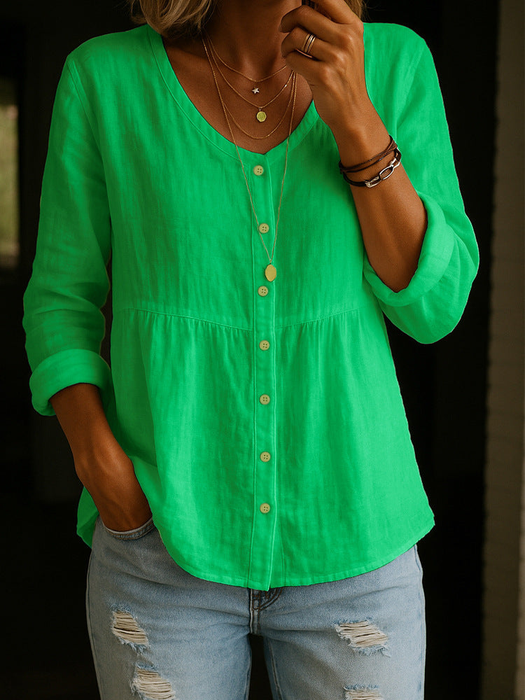 Casual Loose Fashion Cotton And Linen Long Sleeve V-neck Buttons Shirt