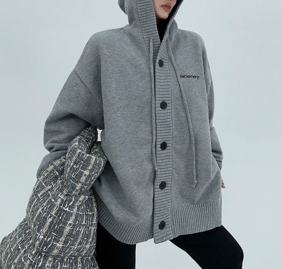 Plus Size Loose Hooded Drawstring Knitted Cardigan Sweater