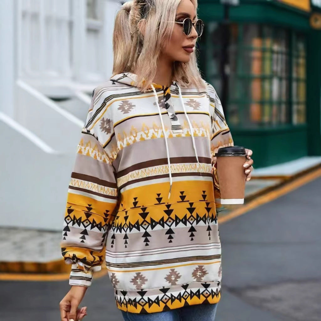 Geometric Pattern Long Sleeve Loose Hooded Button Pocket Sweatshirt