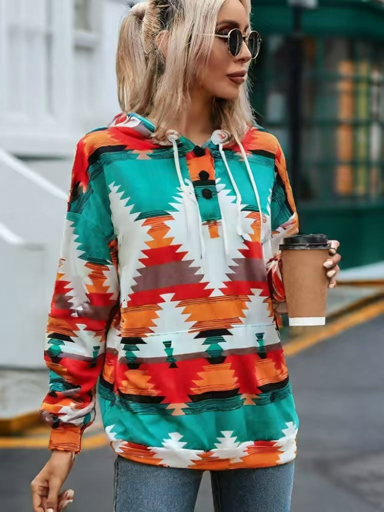 Geometric Pattern Long Sleeve Loose Hooded Button Pocket Sweatshirt