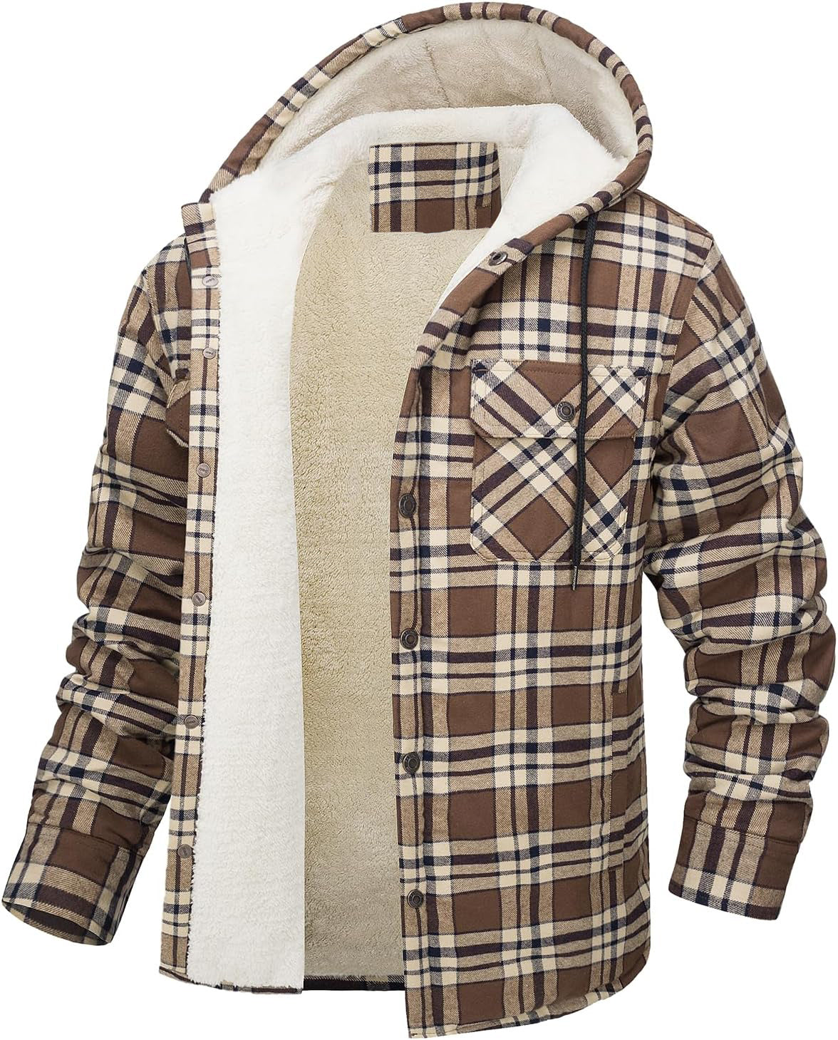 Men's Long Sleeve Hooded Fleece-lined Plaid Printed Coat