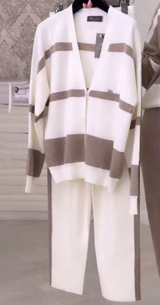 Commuter Striped Patchwork Top Trousers Women's Suit Two-piece Set