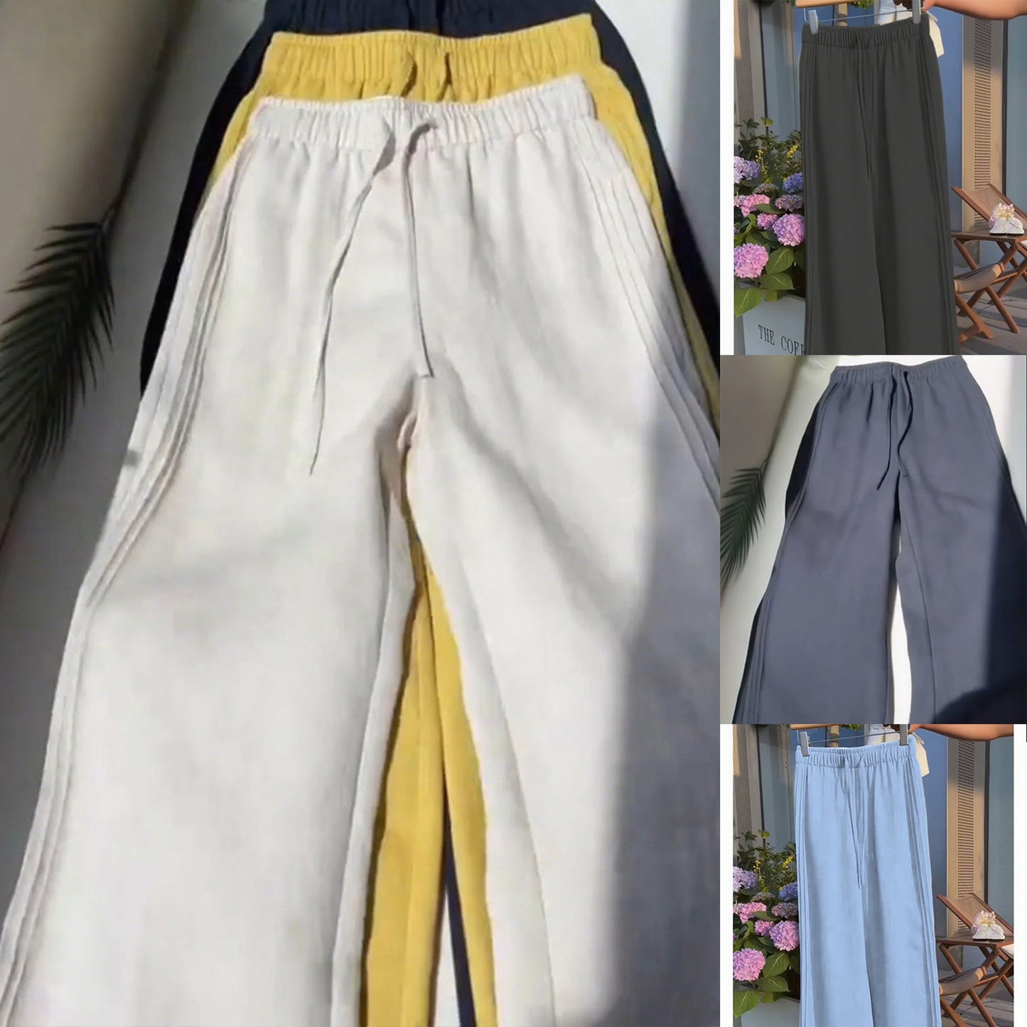 Ladies New Holiday Leisure Pure Color All-matching Drawstring Button Straight-leg Wide-leg Pants