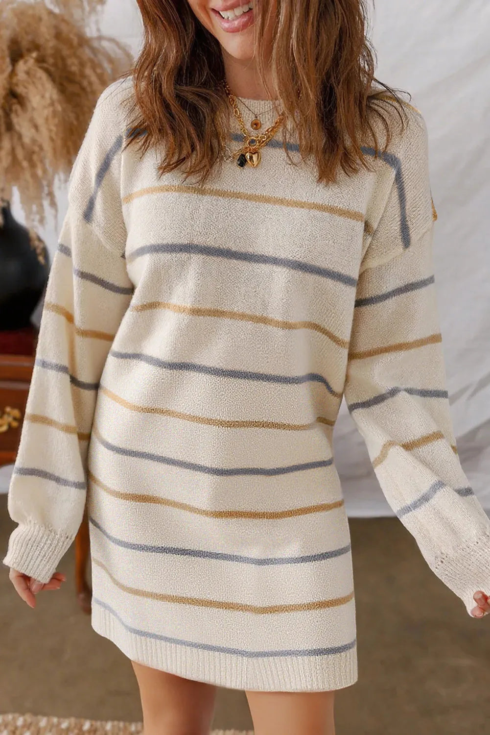 Multicolour Striped Print Drop Shoulder Shift Sweater Mini Dress