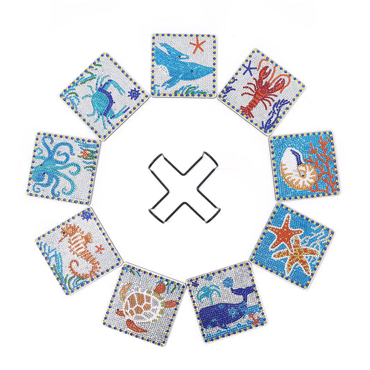 9 Pieces DIY Crystal Glitter Diamond Painted Wooden Art Coaster With Stand