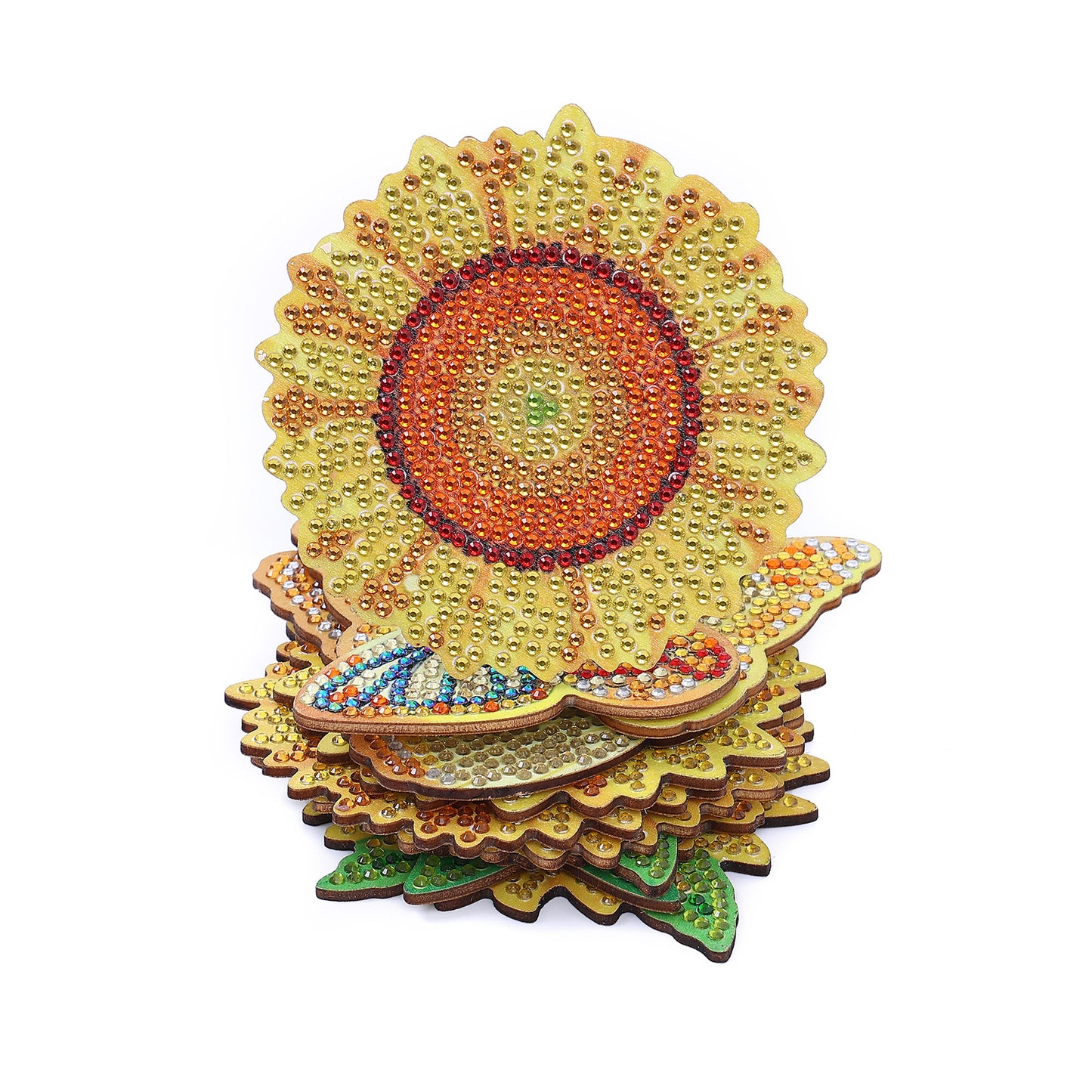 10 Pieces DIY Crystal Glitter Diamond Painted Wooden Art Coaster With Stand Sunflower Style