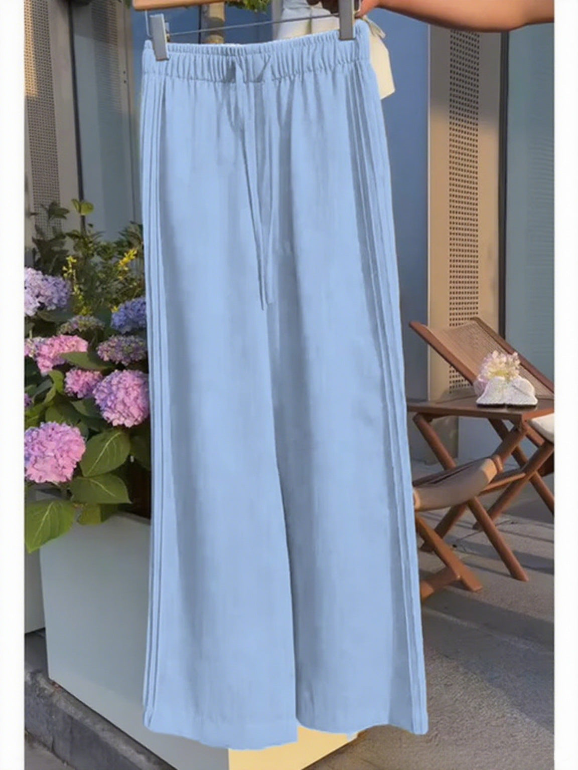 Ladies New Holiday Leisure Pure Color All-matching Drawstring Button Straight-leg Wide-leg Pants