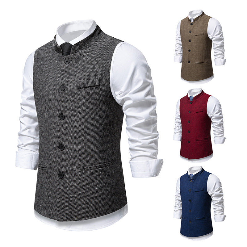 New Men's Retro Stand Collar Herringbone Senior Solid Color Suit Vest