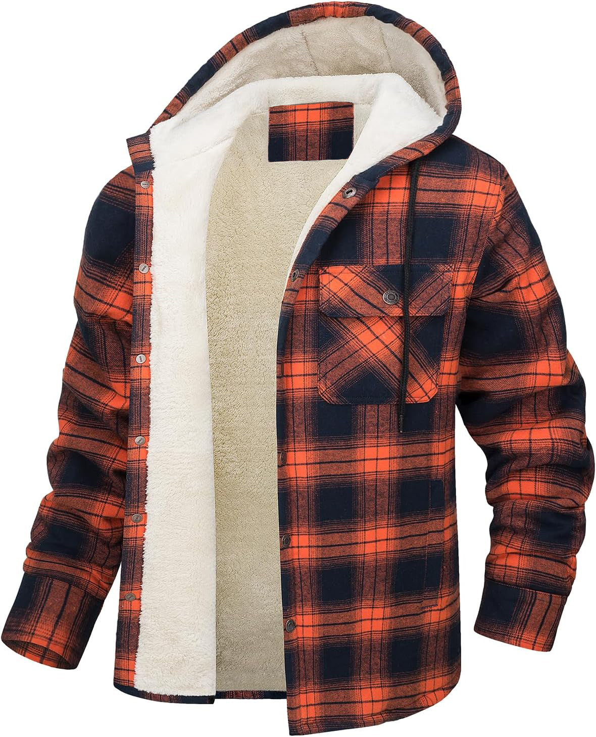 Men's Long Sleeve Hooded Fleece-lined Plaid Printed Coat