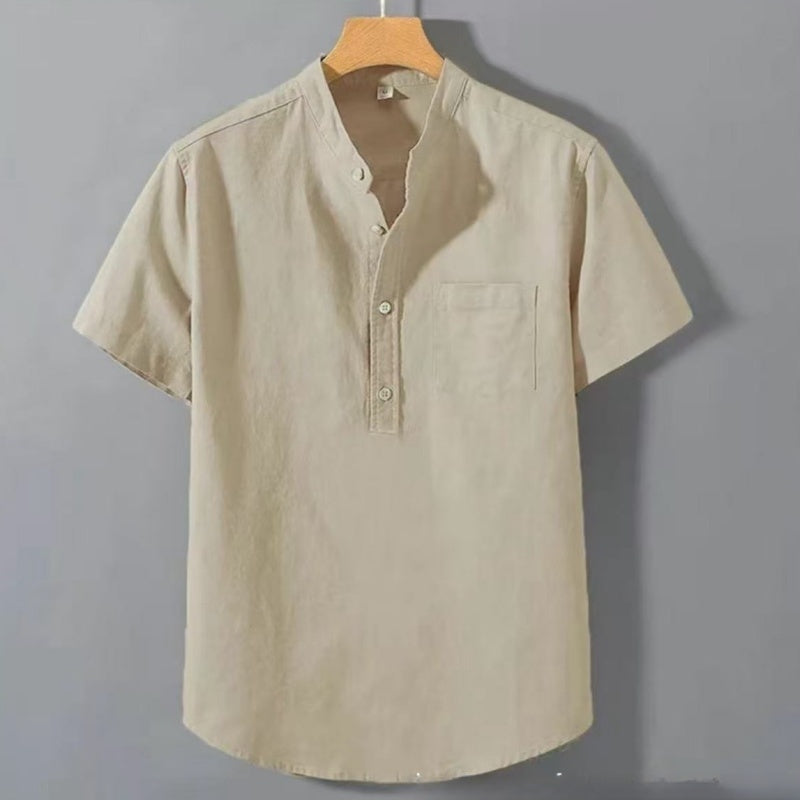 Casual Stand Collar Short Sleeve Solid Color Slub Linen Shirt Top