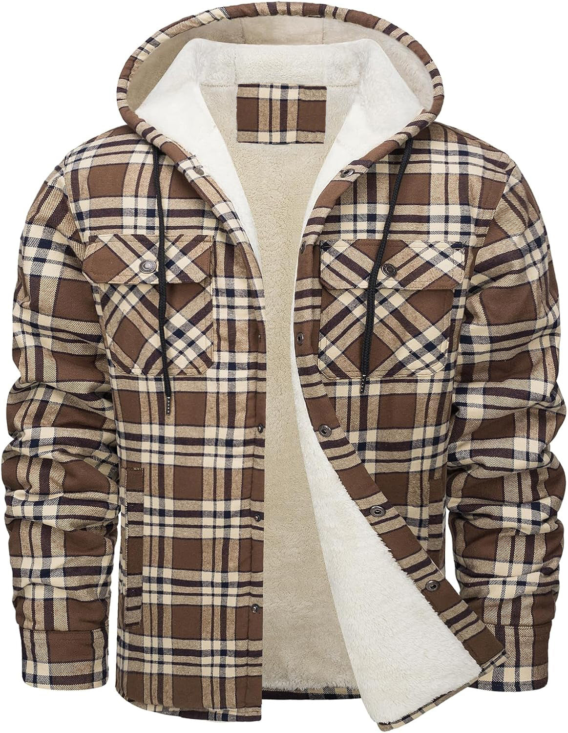 Men's Long Sleeve Hooded Fleece-lined Plaid Printed Coat