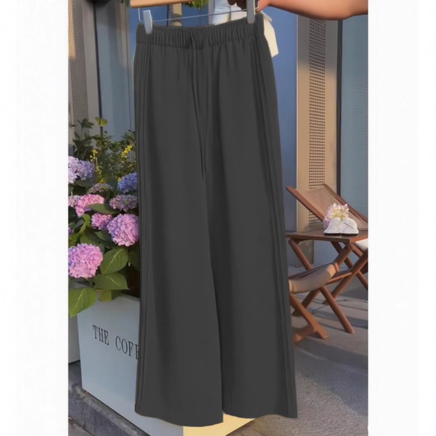 Ladies New Holiday Leisure Pure Color All-matching Drawstring Button Straight-leg Wide-leg Pants