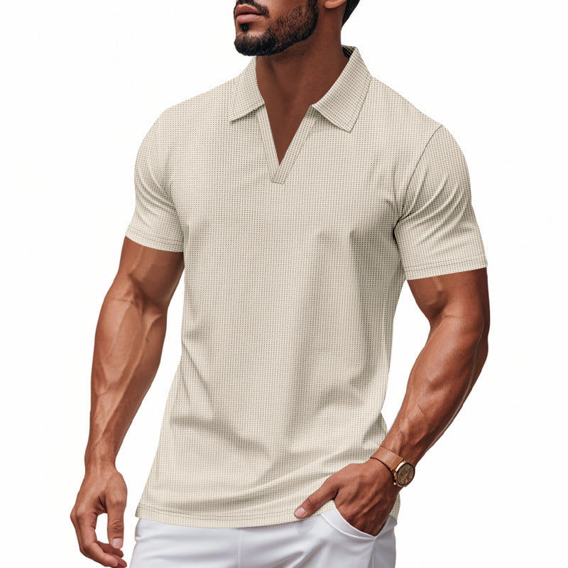 Summer Men's Loose Leisure Sports V-neck Waffle Short Sleeve Lapel Polo Shirt Men