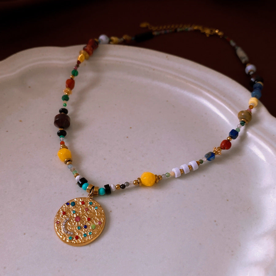 Colorful Stone Stringed Pearls Pendant Necklace All-match Necklace Clavicle Chain