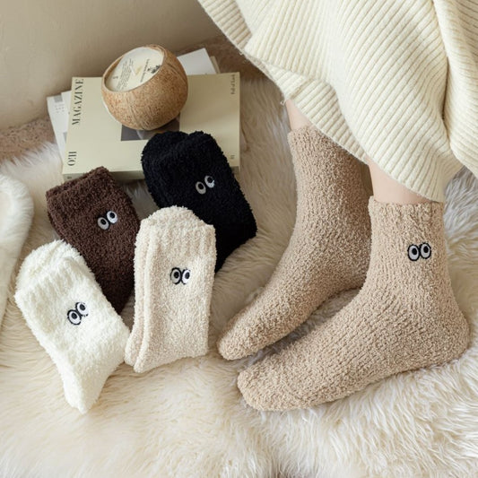 Women's Solid Color Embroidered Sleep Thickening Warm Terry Socks