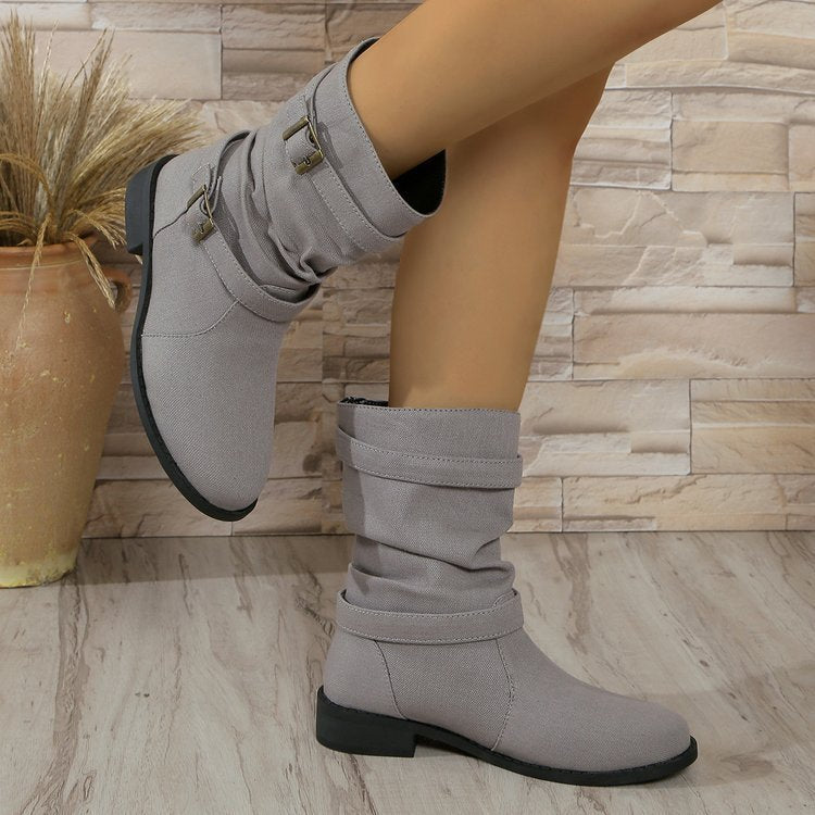 Square Heel Round Toe Women's Denim Leather Boots