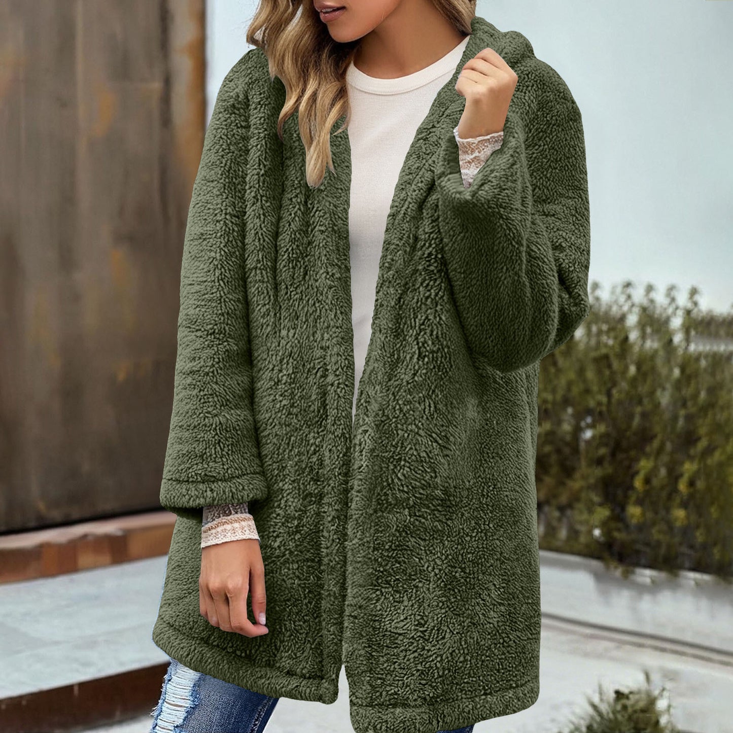 Pine Plush Hooded Cardigan Mid-length Coat Women