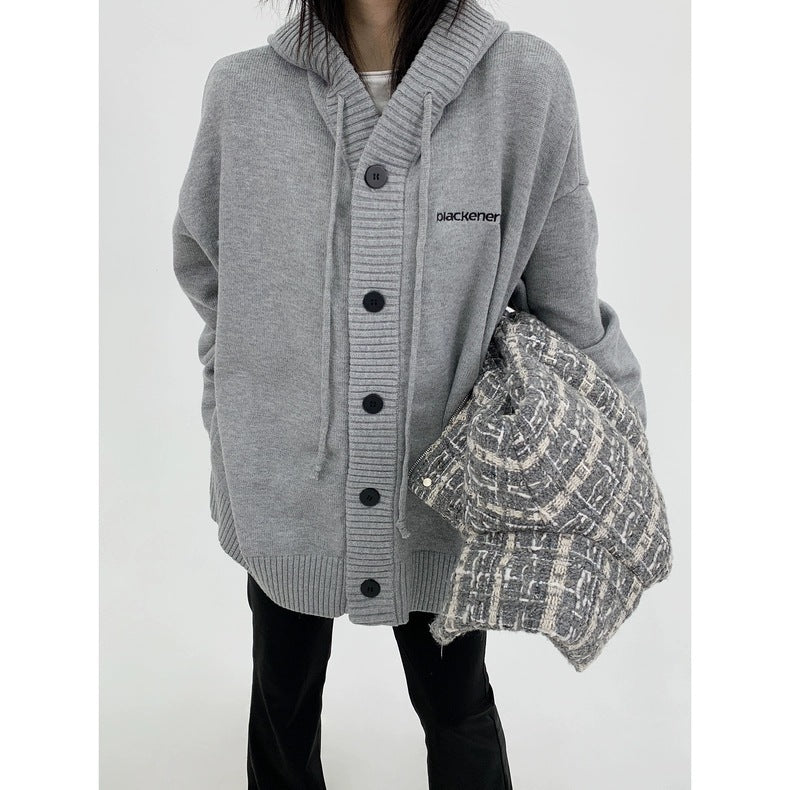 Plus Size Loose Hooded Drawstring Knitted Cardigan Sweater
