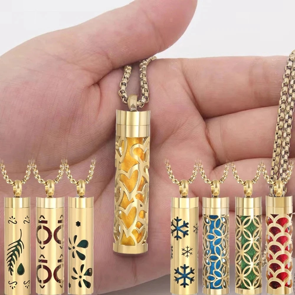 Gold Stainless Steel Cylindrical Hollow Pendant Aromatherapy Bottles